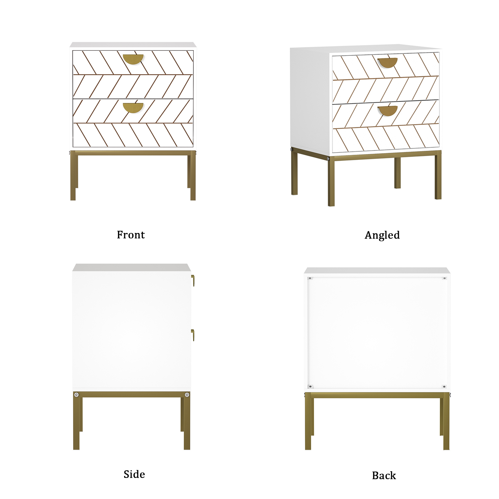 Anmytek White Night Stand with 2 Drawers, Modern Nightstand with Gold Solid Metal Legs & Handles, Wood Bedside Table for Bedroom