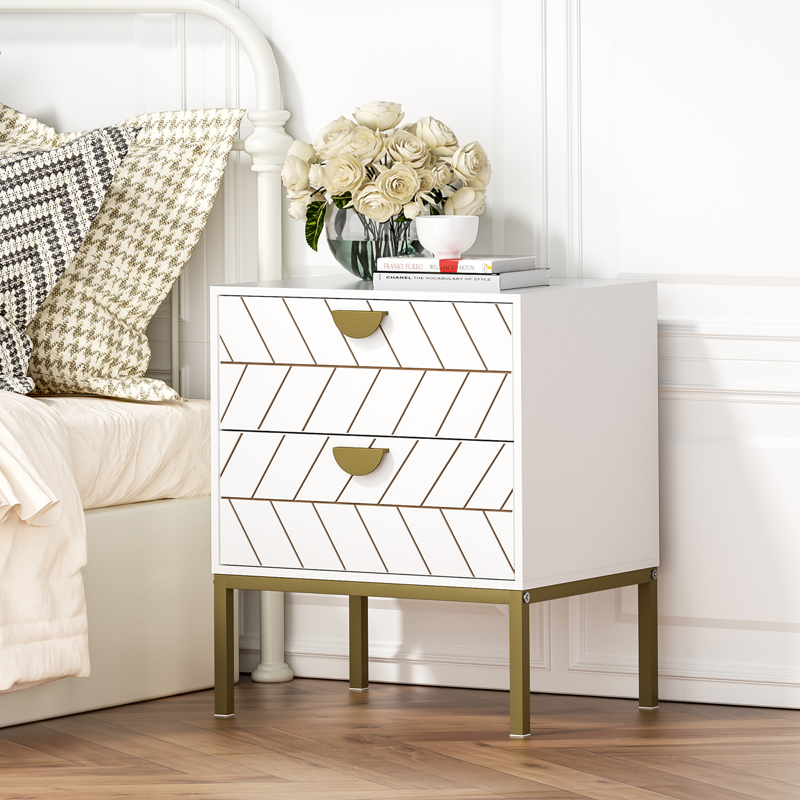 Anmytek White Night Stand with 2 Drawers, Modern Nightstand with Gold Solid Metal Legs & Handles, Wood Bedside Table for Bedroom