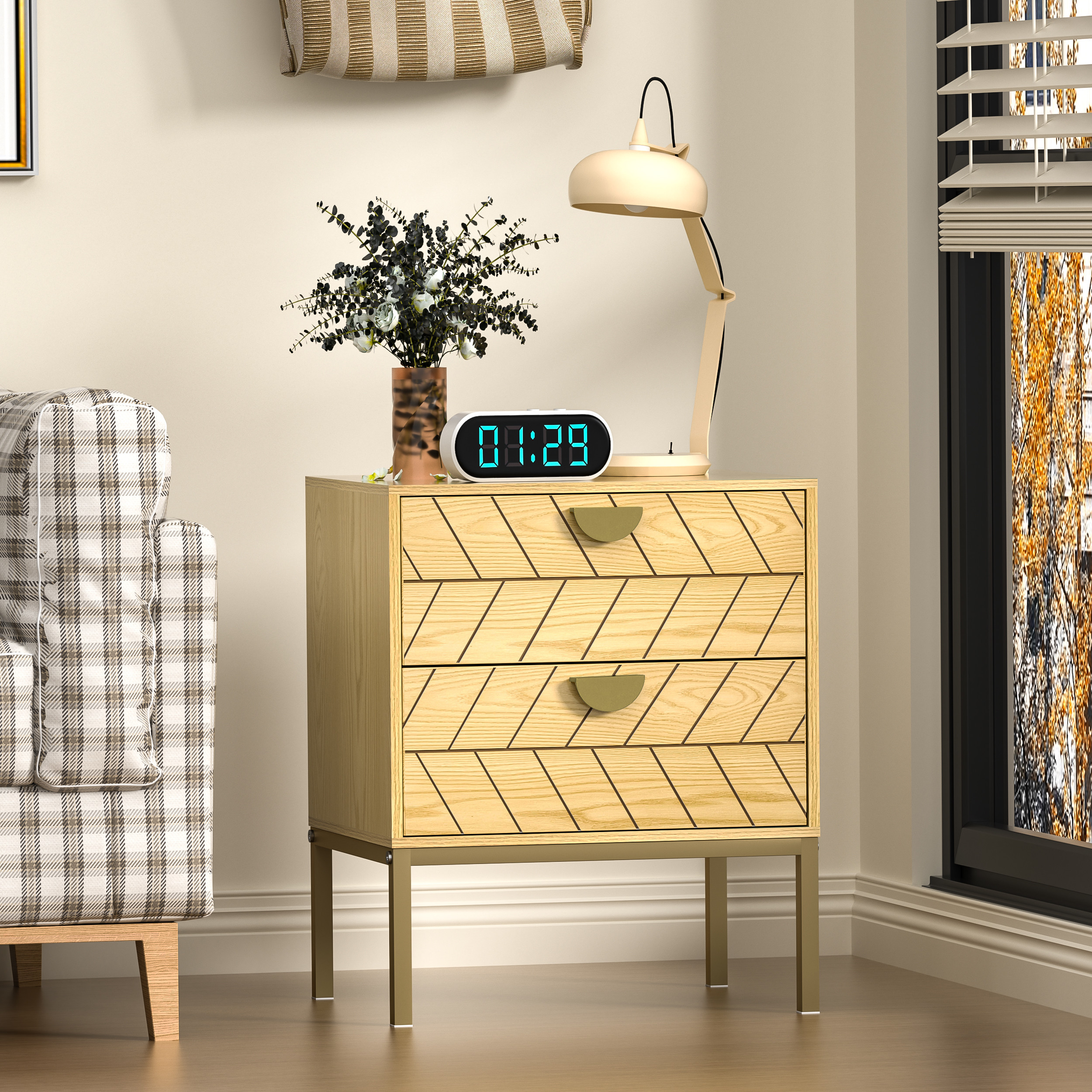 Anmytek Wood Nightstand with 2 Drawers, Modern Night Stand with Gold Metal Legs & Handles, Wood Bedside Table for Bedroom