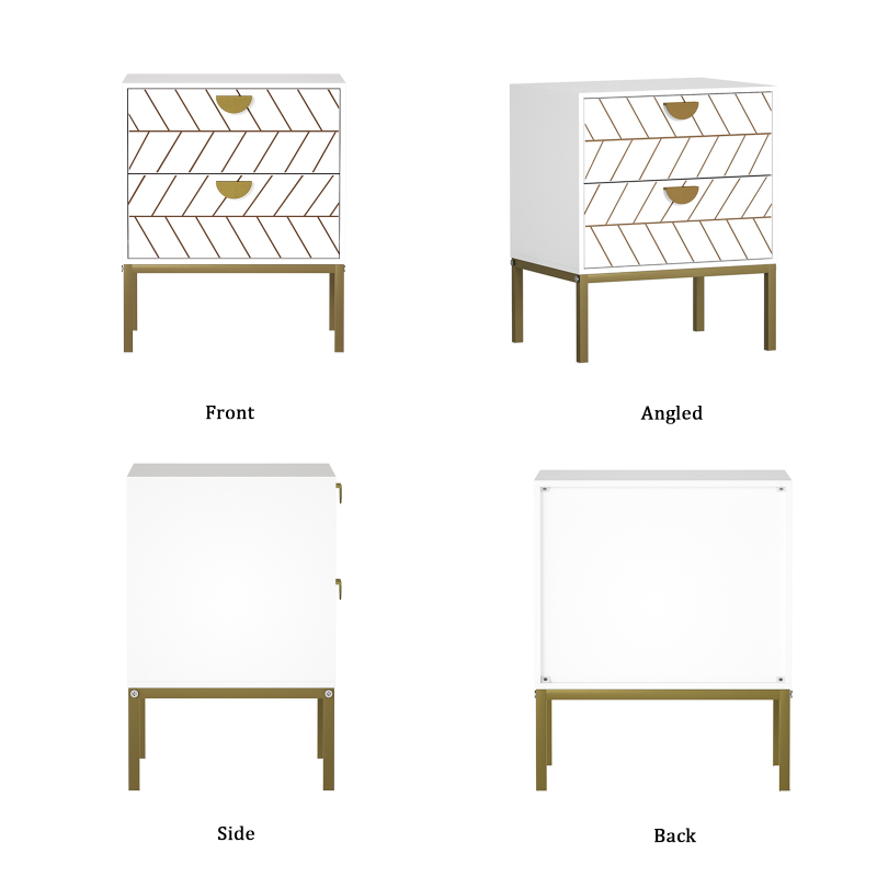 Anmytek Wood Nightstand with 2 Drawers, Modern Night Stand with Gold Metal Legs & Handles, Wood Bedside Table for Bedroom