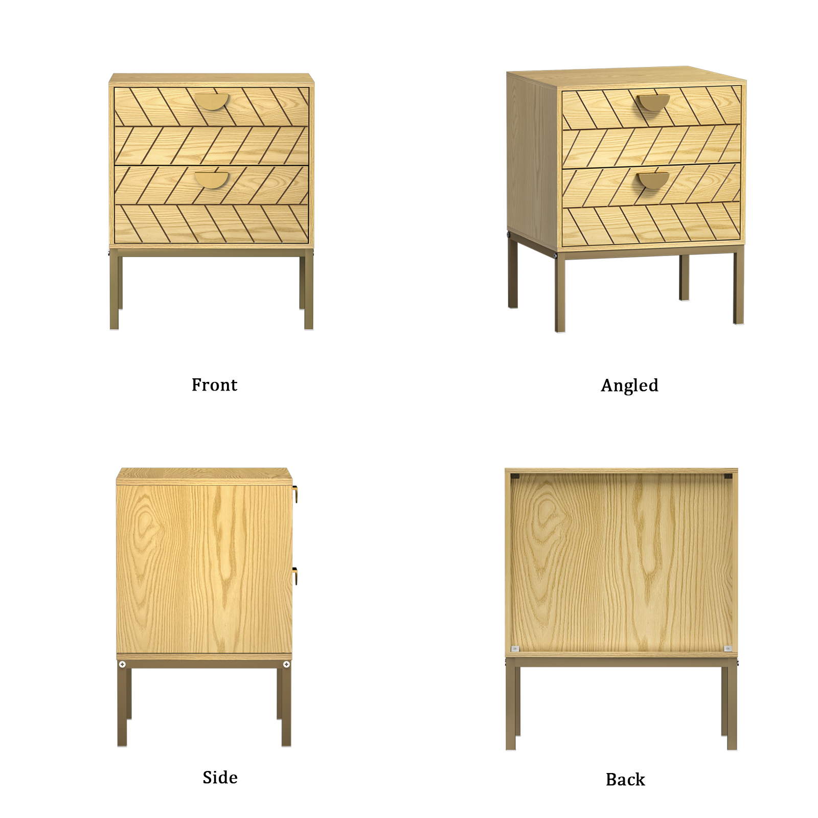 Anmytek Wood Nightstand with 2 Drawers, Modern Night Stand with Gold Metal Legs & Handles, Wood Bedside Table for Bedroom