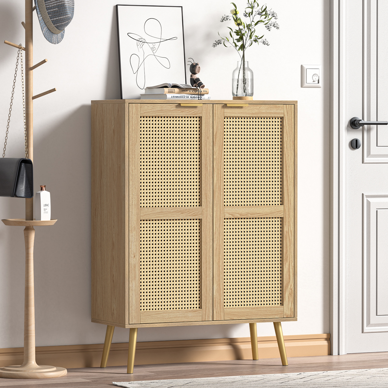 Anmytek 44" H Tall Wood Rattan Cabinet, 2 Doors Sideboard Storage Cabinet, Entryway Cabinets, Accent Cabinet with Adjustable Shelves
