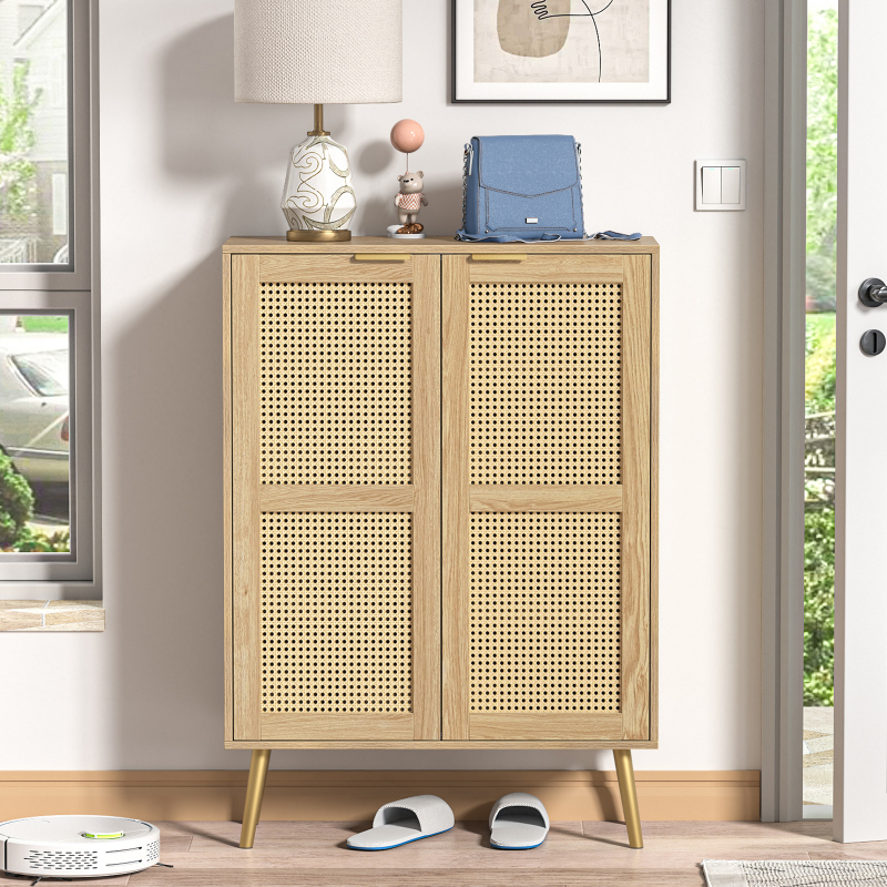 Anmytek 44" H Tall Wood Rattan Cabinet, 2 Doors Sideboard Storage Cabinet, Entryway Cabinets, Accent Cabinet with Adjustable Shelves