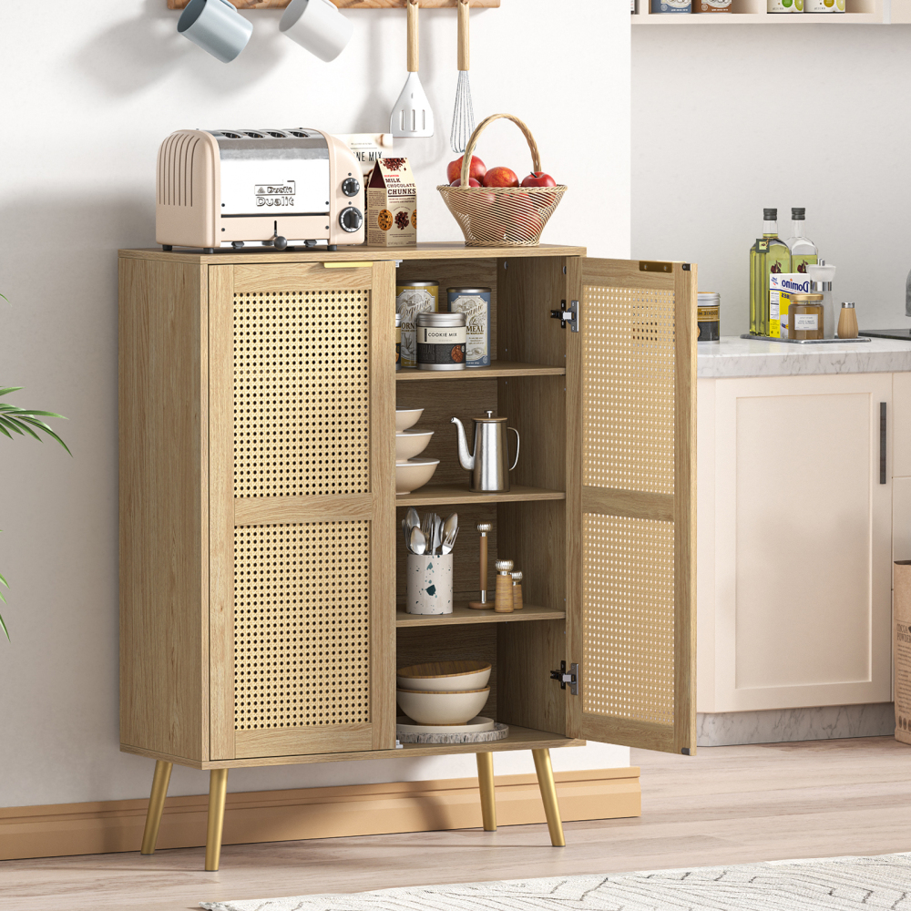 Anmytek 44" H Tall Wood Rattan Cabinet, 2 Doors Sideboard Storage Cabinet, Entryway Cabinets, Accent Cabinet with Adjustable Shelves