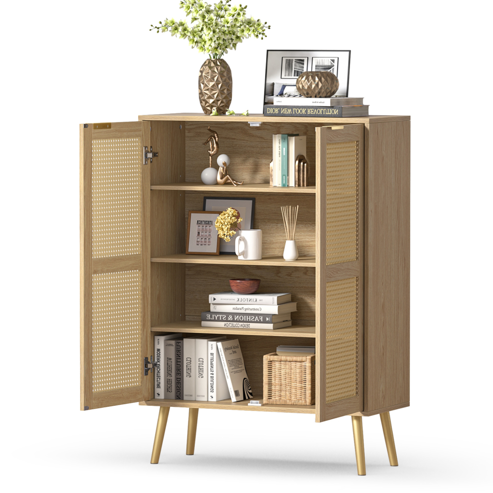 Anmytek 44" H Tall Wood Rattan Cabinet, 2 Doors Sideboard Storage Cabinet, Entryway Cabinets, Accent Cabinet with Adjustable Shelves