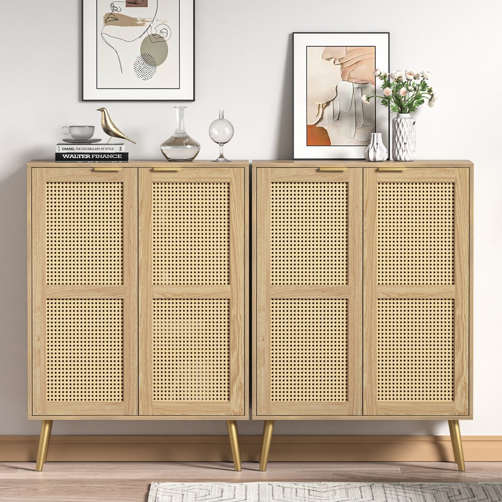 Anmytek 44" H Tall Wood Rattan Cabinet, 2 Doors Sideboard Storage Cabinet, Entryway Cabinets, Accent Cabinet with Adjustable Shelves