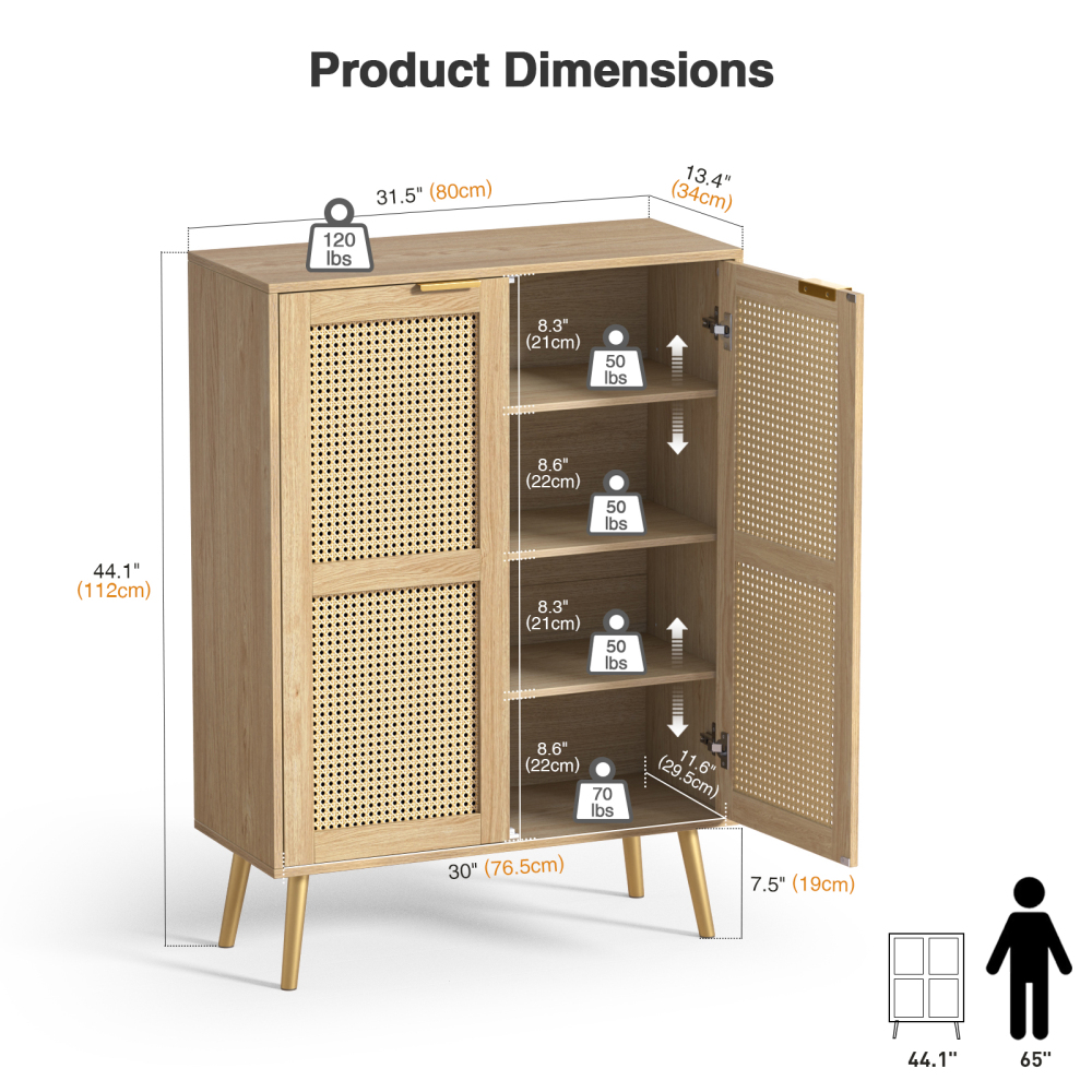 Anmytek 44" H Tall Wood Rattan Cabinet, 2 Doors Sideboard Storage Cabinet, Entryway Cabinets, Accent Cabinet with Adjustable Shelves