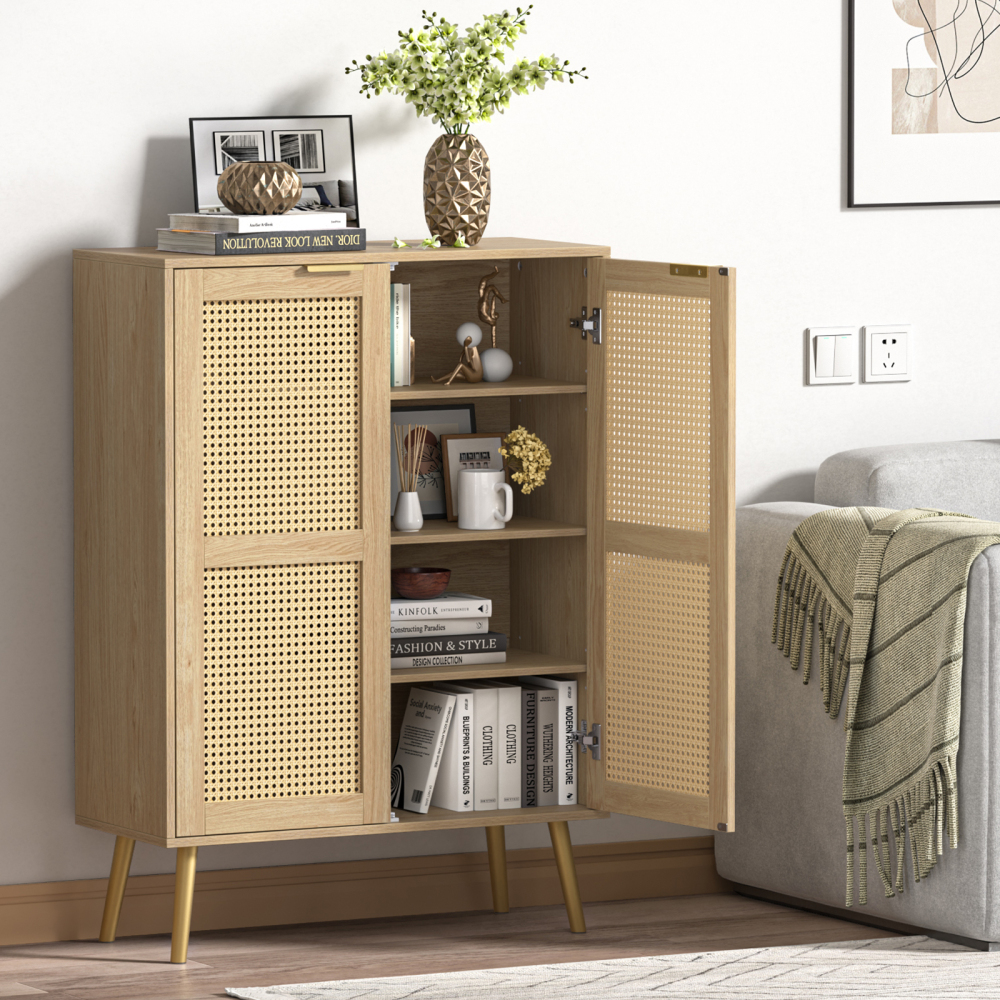 Anmytek 44" H Tall Wood Rattan Cabinet, 2 Doors Sideboard Storage Cabinet, Entryway Cabinets, Accent Cabinet with Adjustable Shelves