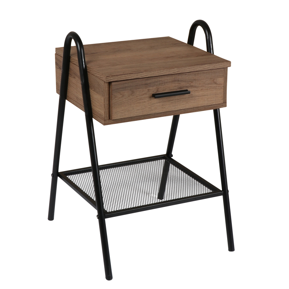 Anmytek Nightstand, Sofa End Table with Drawer and Mesh Shelf, Rustic Accent Bedside Table for Bedroom