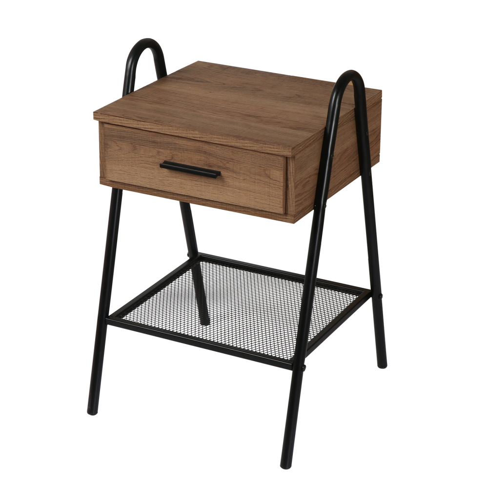 Anmytek Nightstand, Sofa End Table with Drawer and Mesh Shelf, Rustic Accent Bedside Table for Bedroom