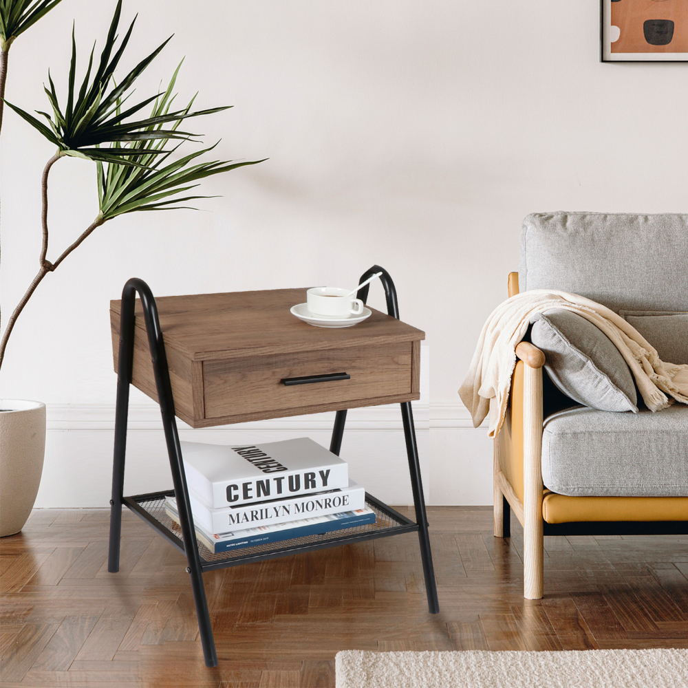 Anmytek Nightstand, Sofa End Table with Drawer and Mesh Shelf, Rustic Accent Bedside Table for Bedroom