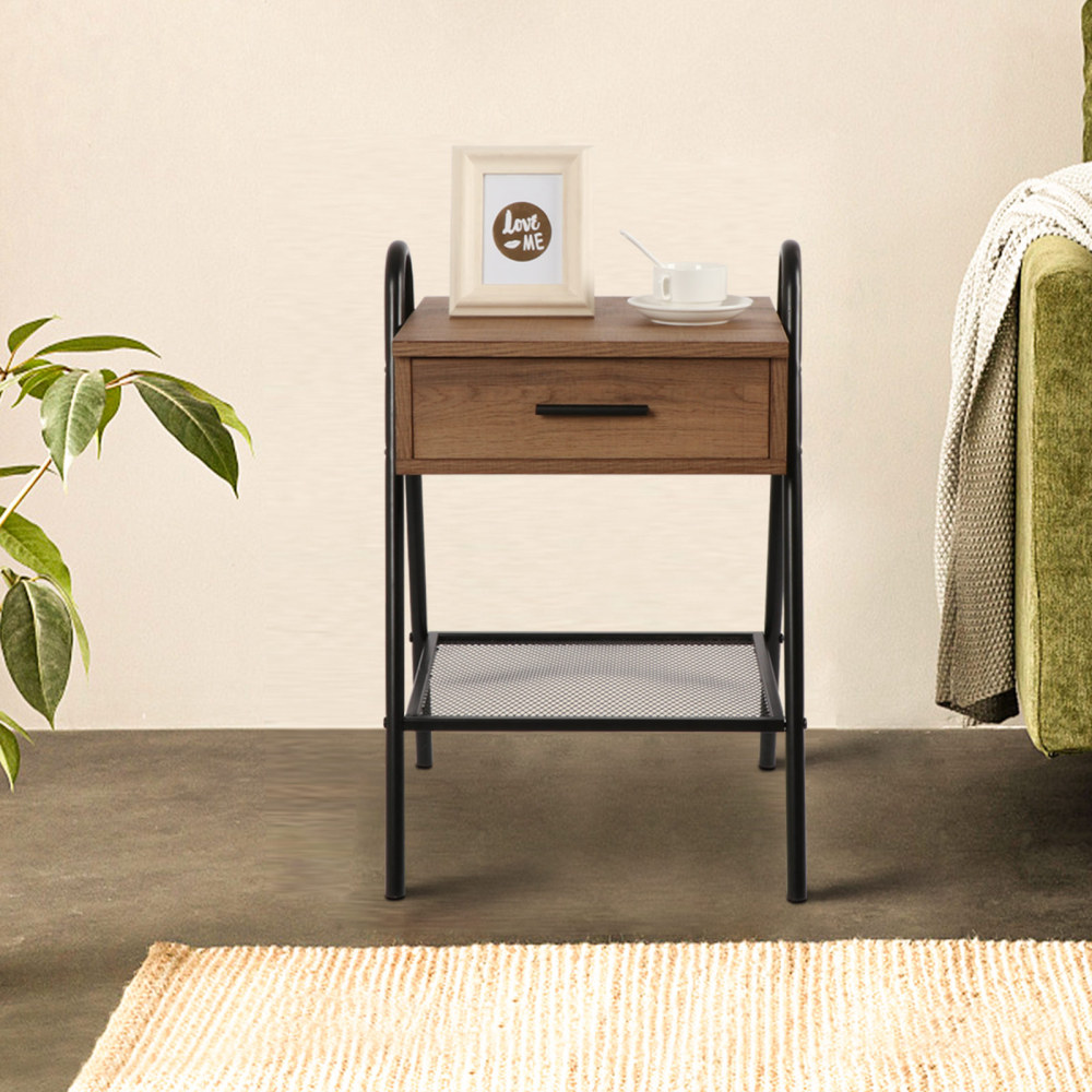 Anmytek Nightstand, Sofa End Table with Drawer and Mesh Shelf, Rustic Accent Bedside Table for Bedroom