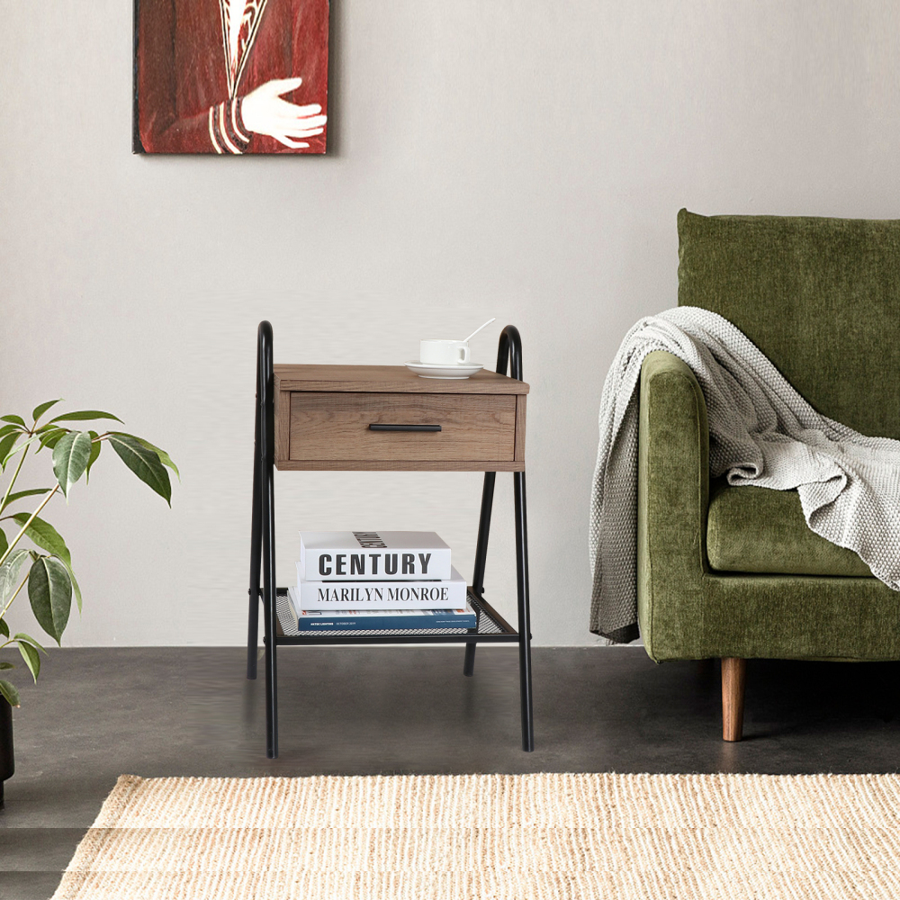 Anmytek Nightstand, Sofa End Table with Drawer and Mesh Shelf, Rustic Accent Bedside Table for Bedroom
