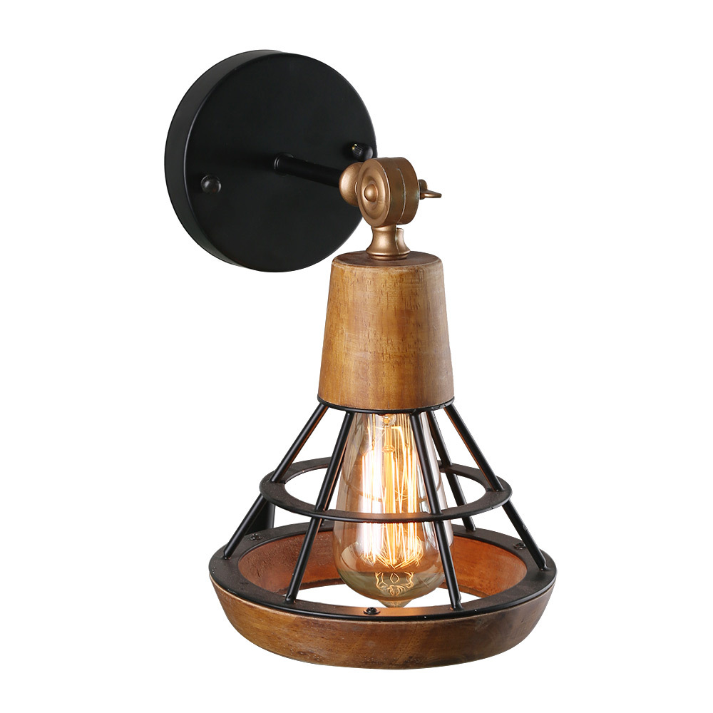 Anmytek Conical Industrial Wood Wall Sconce with Cage Shade, Vintage Stylish Bathroom Lighting Log Cabin Home Retro Edison Sconce Lighting Fixtures 1-Light, Brown
