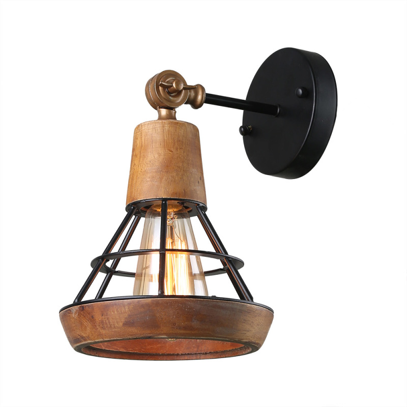 Anmytek Conical Industrial Wood Wall Sconce with Cage Shade, Vintage Stylish Bathroom Lighting Log Cabin Home Retro Edison Sconce Lighting Fixtures 1-Light, Brown