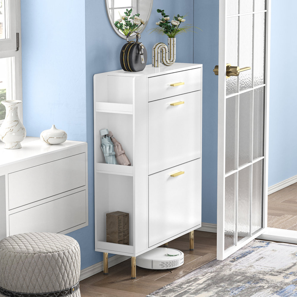 Anmytek White Shoe Cabinet with 2 Flip Drawers, Modern Freestanding Shoe Rack Storage Organizer Cabinet with Drawers, Narrow Shoe Rack Cabinet for Entryway Hallway