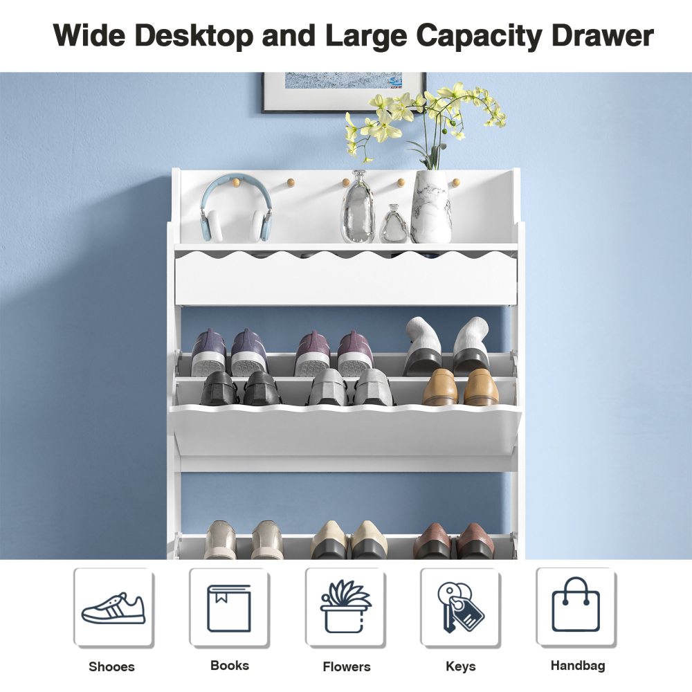Anmytek White Shoe Cabinet with 2 Flip Drawers for Entryway, Narrow Shoe Rack Cabinet, Freestanding Hidden Shoe Rack Storage Organizer for Hallway, Living Room