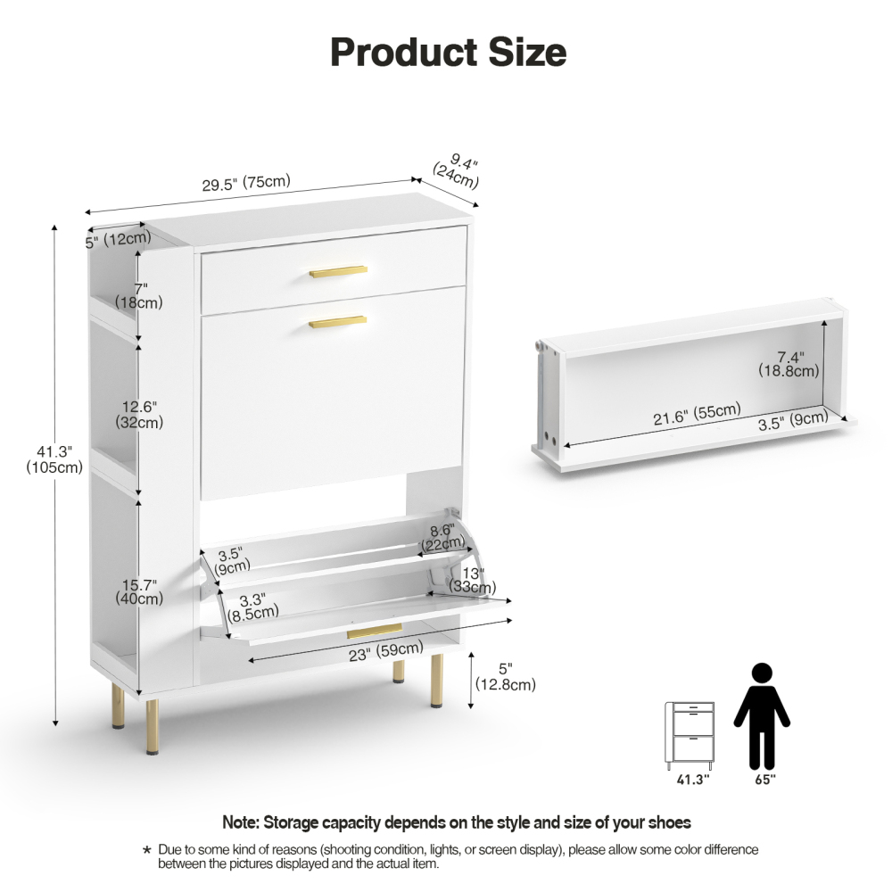 Anmytek White Shoe Cabinet with 2 Flip Drawers, Modern Freestanding Shoe Rack Storage Organizer Cabinet with Drawers, Narrow Shoe Rack Cabinet for Entryway Hallway