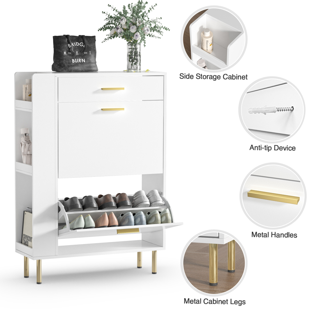 Anmytek White Shoe Cabinet with 2 Flip Drawers, Modern Freestanding Shoe Rack Storage Organizer Cabinet with Drawers, Narrow Shoe Rack Cabinet for Entryway Hallway