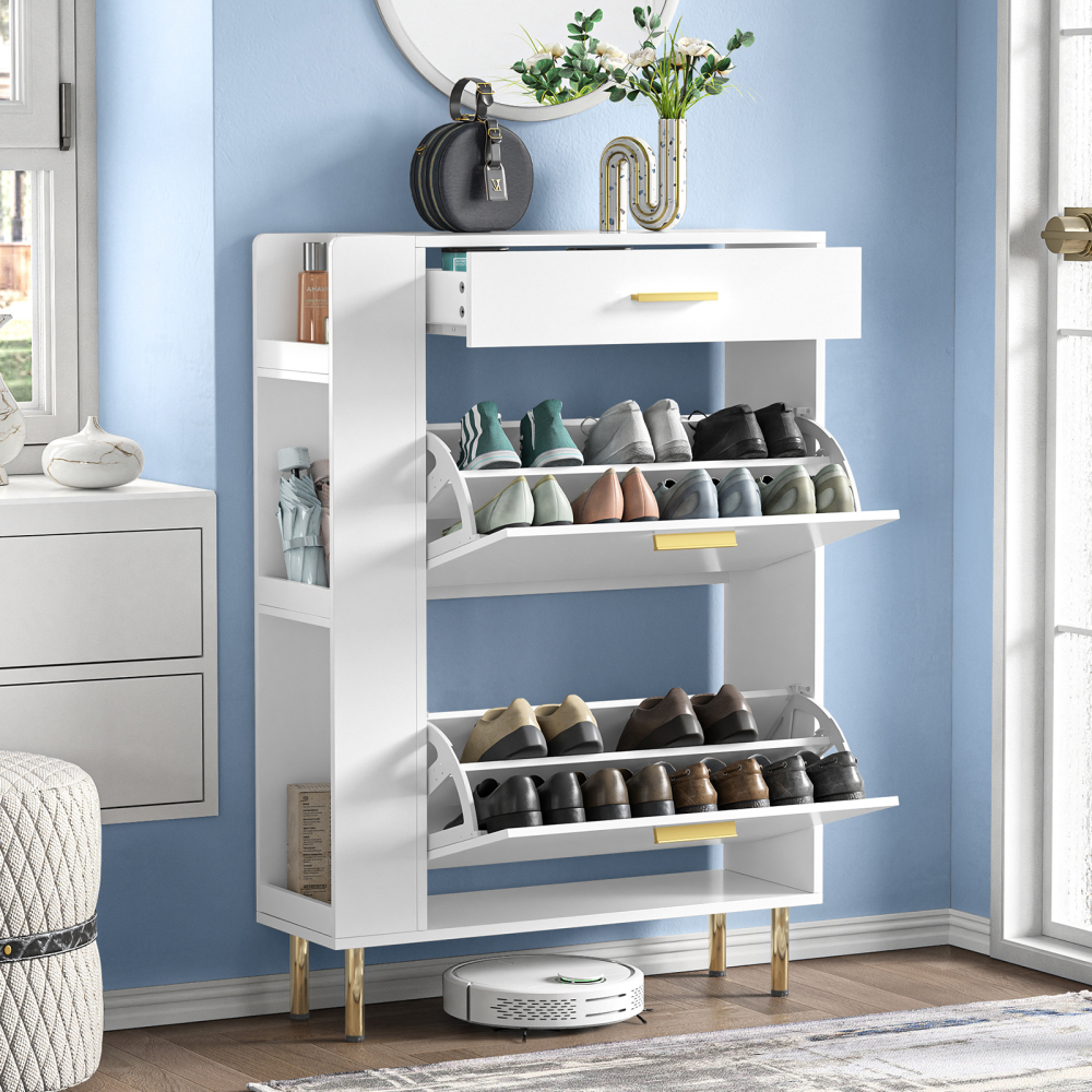 Anmytek White Shoe Cabinet with 2 Flip Drawers, Modern Freestanding Shoe Rack Storage Organizer Cabinet with Drawers, Narrow Shoe Rack Cabinet for Entryway Hallway