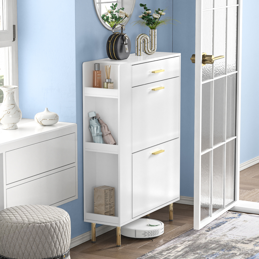 Anmytek White Shoe Cabinet with 2 Flip Drawers, Modern Freestanding Shoe Rack Storage Organizer Cabinet with Drawers, Narrow Shoe Rack Cabinet for Entryway Hallway