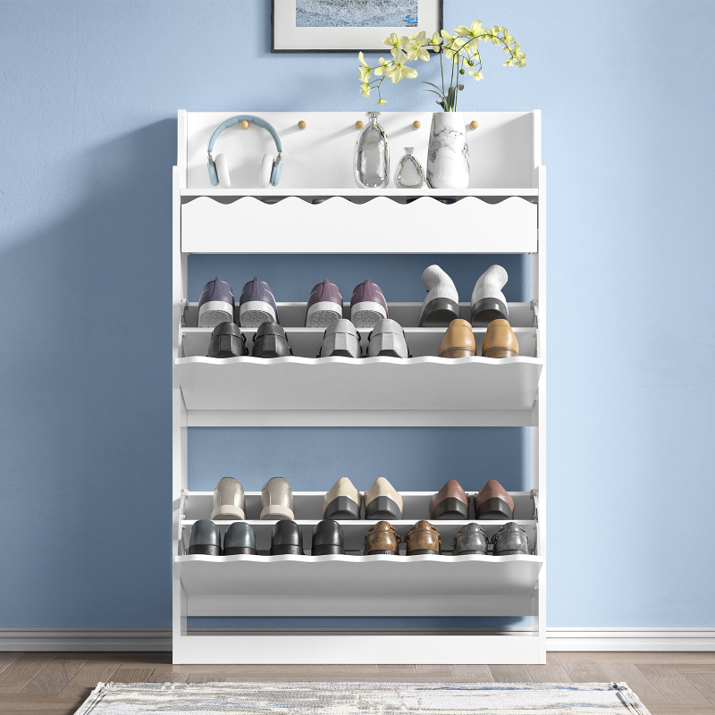 Anmytek White Shoe Cabinet with 2 Flip Drawers for Entryway, Narrow Shoe Rack Cabinet, Freestanding Hidden Shoe Rack Storage Organizer for Hallway, Living Room