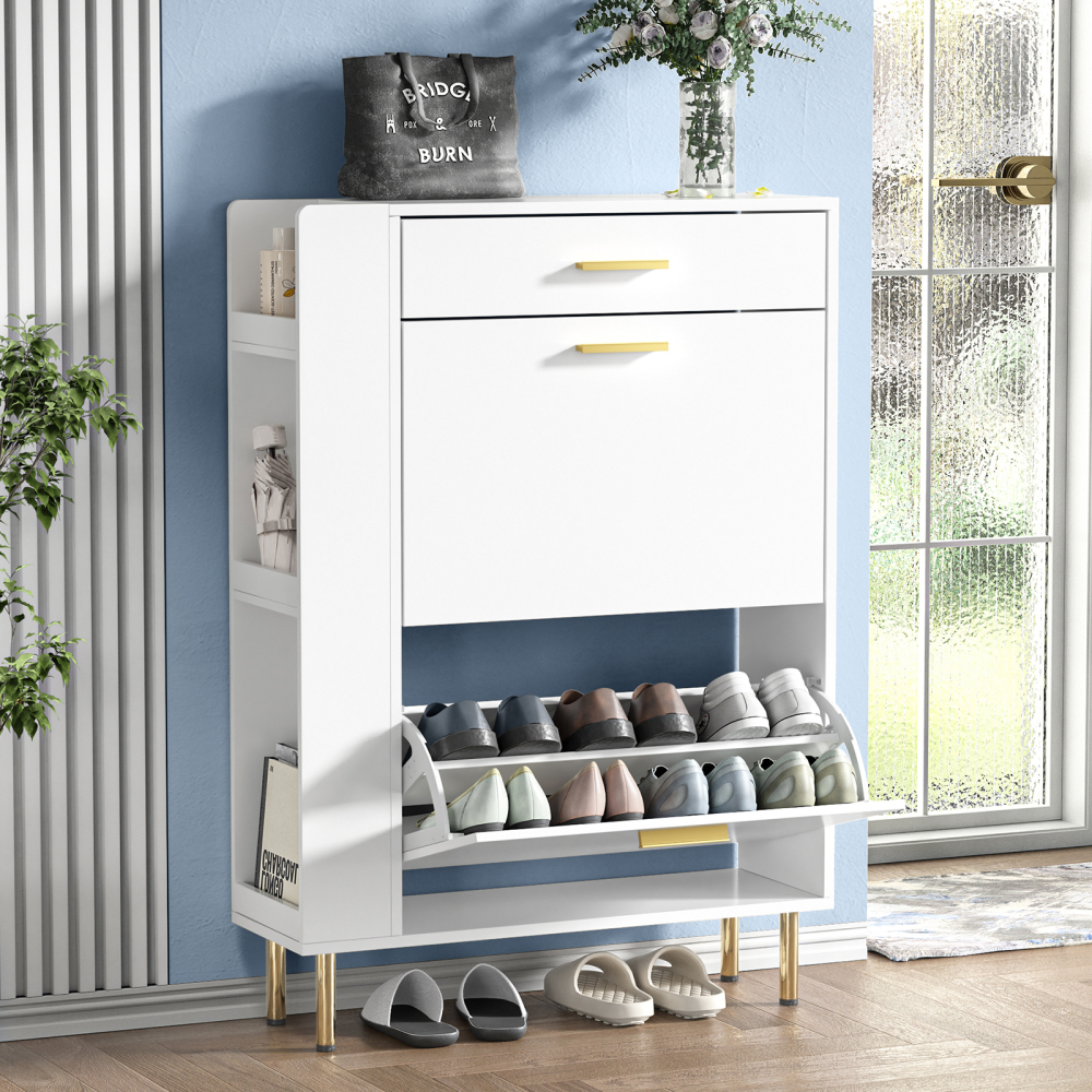 Anmytek White Shoe Cabinet with 2 Flip Drawers, Modern Freestanding Shoe Rack Storage Organizer Cabinet with Drawers, Narrow Shoe Rack Cabinet for Entryway Hallway