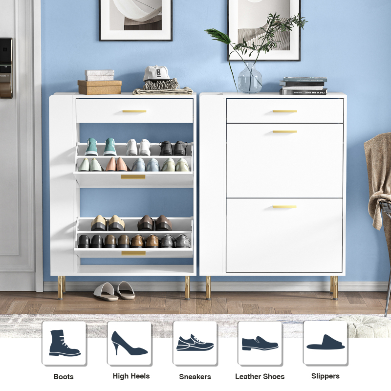Anmytek White Shoe Cabinet with 2 Flip Drawers, Modern Freestanding Shoe Rack Storage Organizer Cabinet with Drawers, Narrow Shoe Rack Cabinet for Entryway Hallway