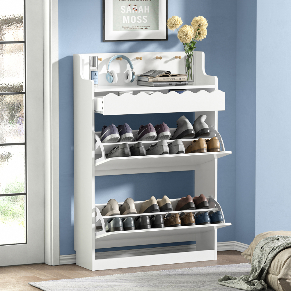 Anmytek White Shoe Cabinet with 2 Flip Drawers for Entryway, Narrow Shoe Rack Cabinet, Freestanding Hidden Shoe Rack Storage Organizer for Hallway, Living Room