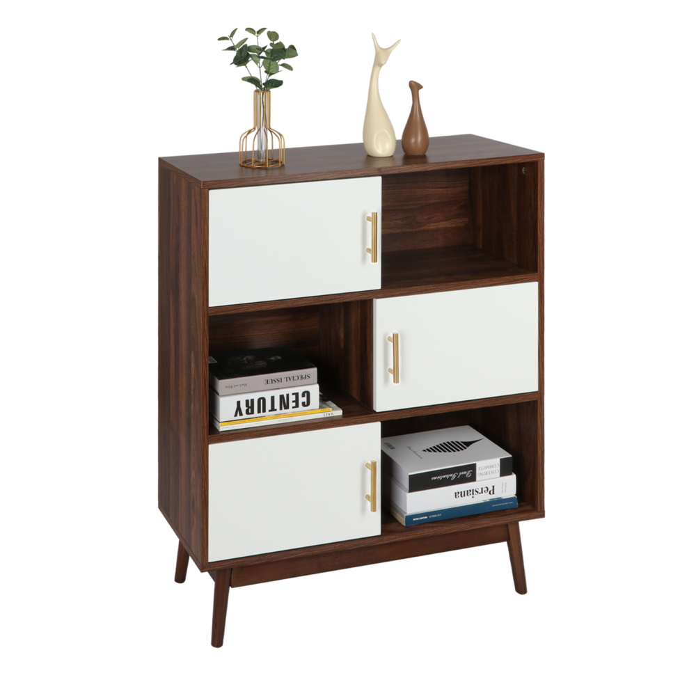 Anmytek Cube Bookcase with Doors and Display Shelves, Mid-Century Modern Bookshelf with Legs, Free Standing Walnut Storage Shelf Open Cabinet for Bedroom, Living Room, Office