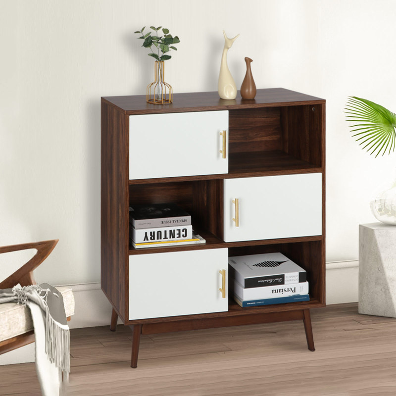 Anmytek Cube Bookcase with Doors and Display Shelves, Mid-Century Modern Bookshelf with Legs, Free Standing Walnut Storage Shelf Open Cabinet for Bedroom, Living Room, Office
