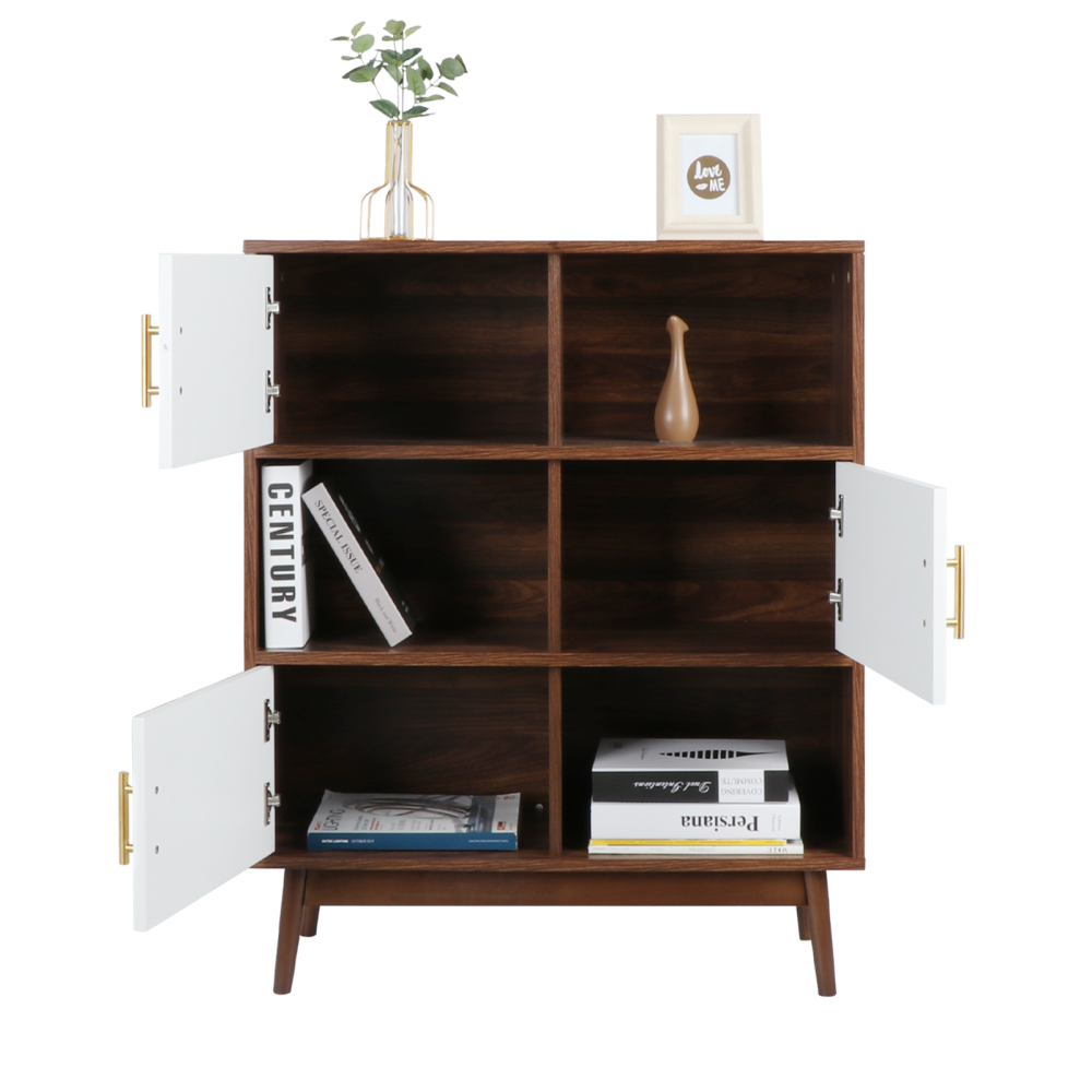 Anmytek Cube Bookcase with Doors and Display Shelves, Mid-Century Modern Bookshelf with Legs, Free Standing Walnut Storage Shelf Open Cabinet for Bedroom, Living Room, Office