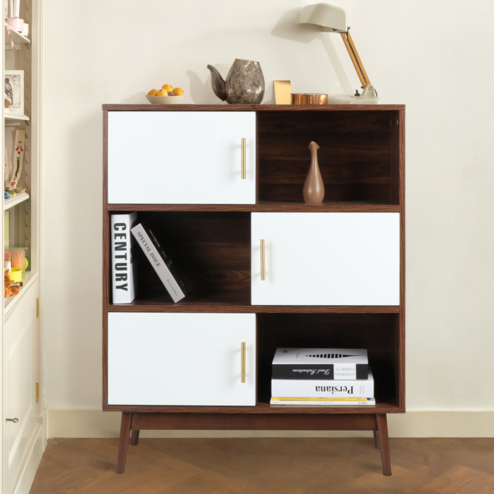 Anmytek Cube Bookcase with Doors and Display Shelves, Mid-Century Modern Bookshelf with Legs, Free Standing Walnut Storage Shelf Open Cabinet for Bedroom, Living Room, Office