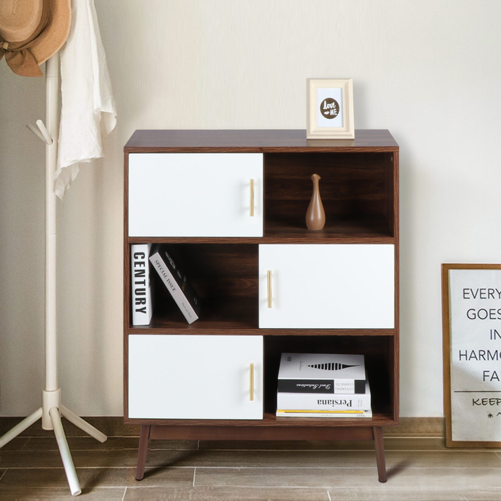 Anmytek Cube Bookcase with Doors and Display Shelves, Mid-Century Modern Bookshelf with Legs, Free Standing Walnut Storage Shelf Open Cabinet for Bedroom, Living Room, Office