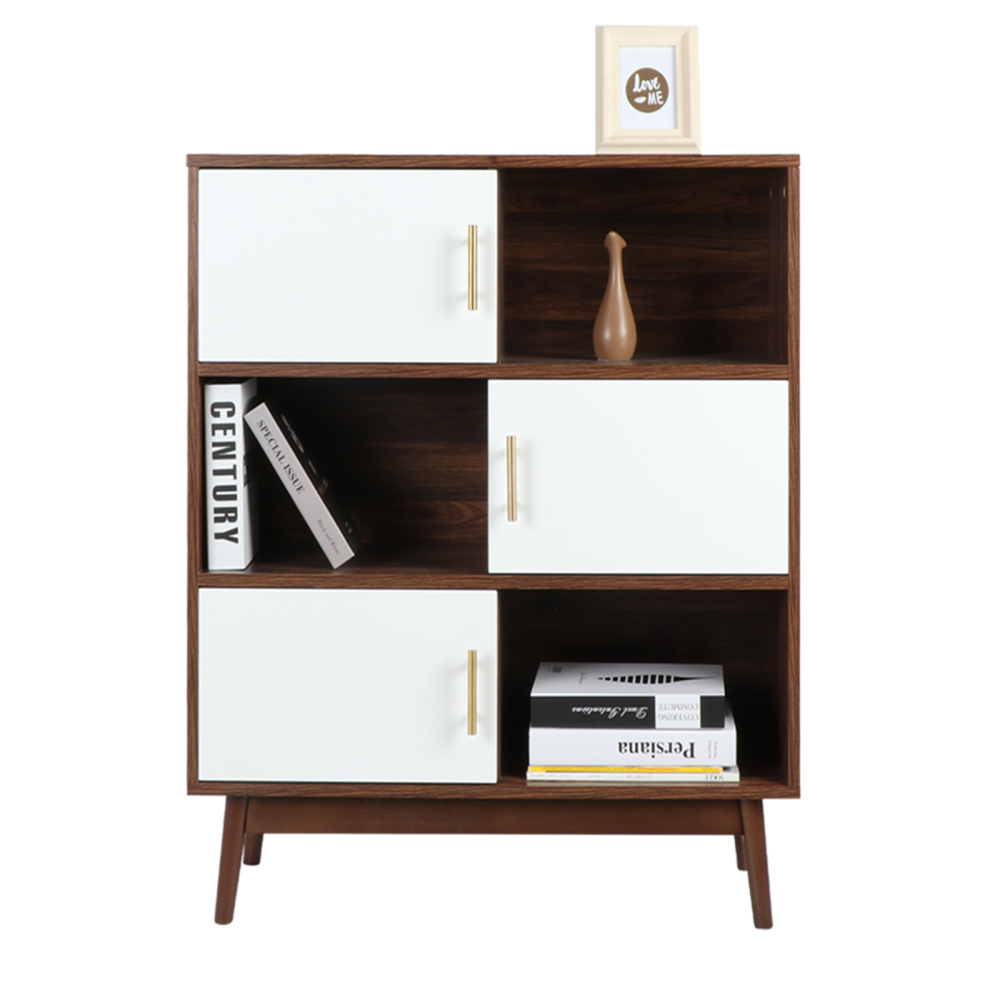 Anmytek Cube Bookcase with Doors and Display Shelves, Mid-Century Modern Bookshelf with Legs, Free Standing Walnut Storage Shelf Open Cabinet for Bedroom, Living Room, Office