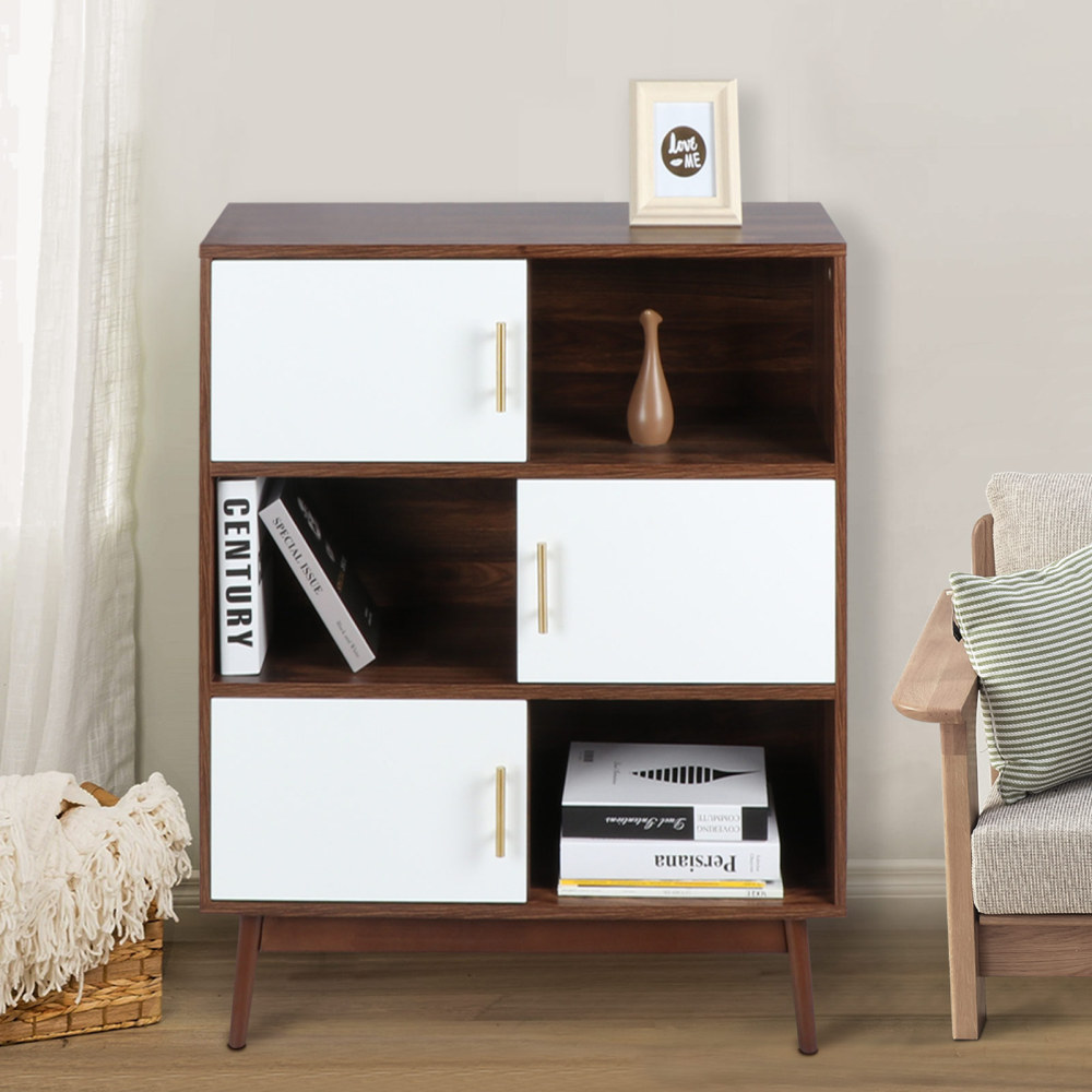 Anmytek Cube Bookcase with Doors and Display Shelves, Mid-Century Modern Bookshelf with Legs, Free Standing Walnut Storage Shelf Open Cabinet for Bedroom, Living Room, Office