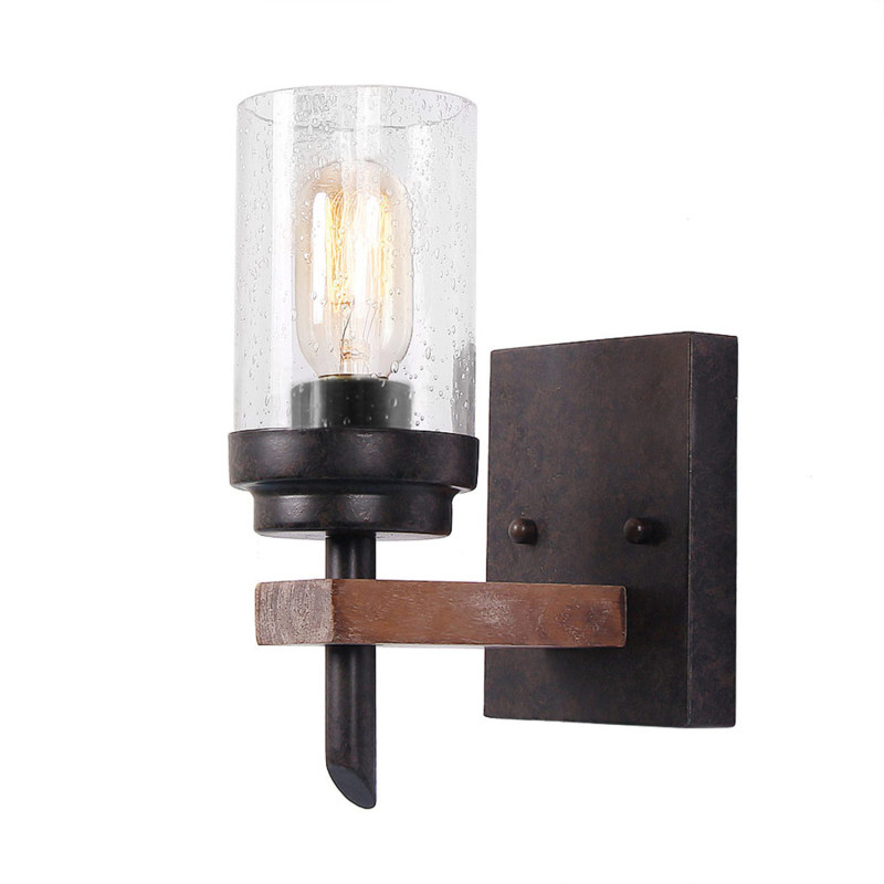 Anmytek Rustic Wall Light Sconce with Seeded Glass Shade, Vintage Edison Metal Wood Wall Lamp Fixture for Entryway Bedroom Bathroom Living Room Bar