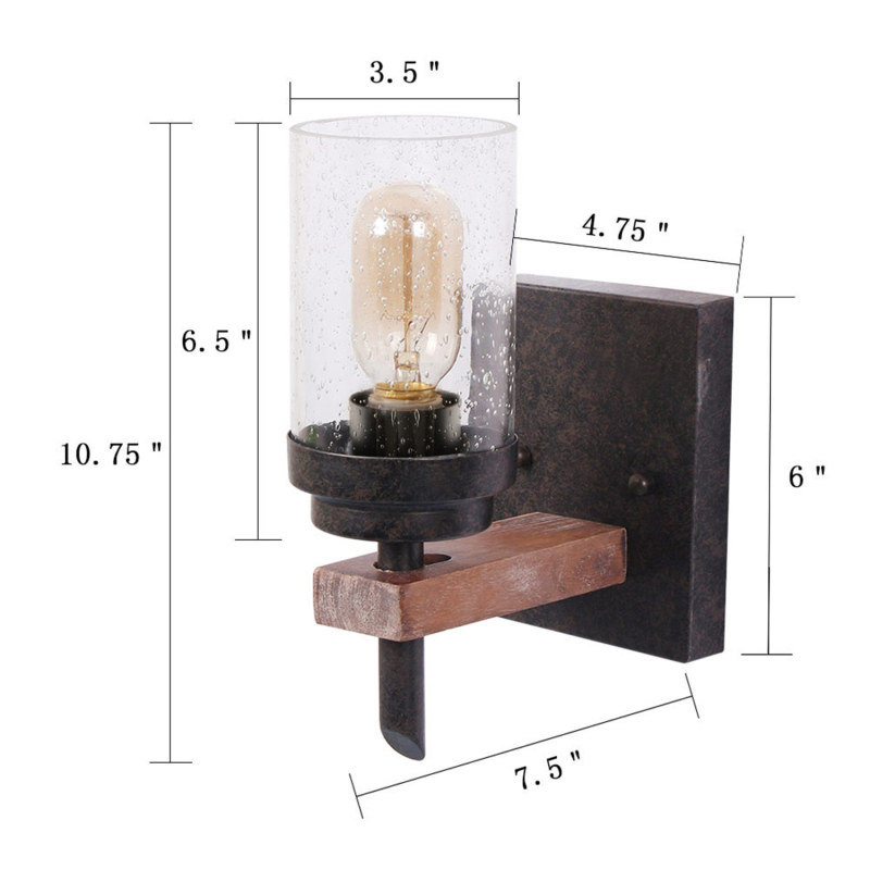 Anmytek Rustic Wall Light Sconce with Seeded Glass Shade, Vintage Edison Metal Wood Wall Lamp Fixture for Entryway Bedroom Bathroom Living Room Bar