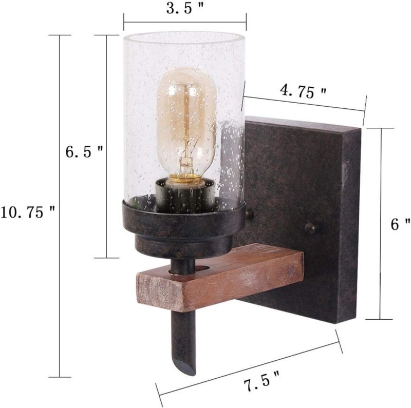 Anmytek Rustic Wall Light Sconce with Seeded Glass Shade, Vintage Edison Metal Wood Wall Lamp Fixture for Entryway Bedroom Bathroom Living Room Bar
