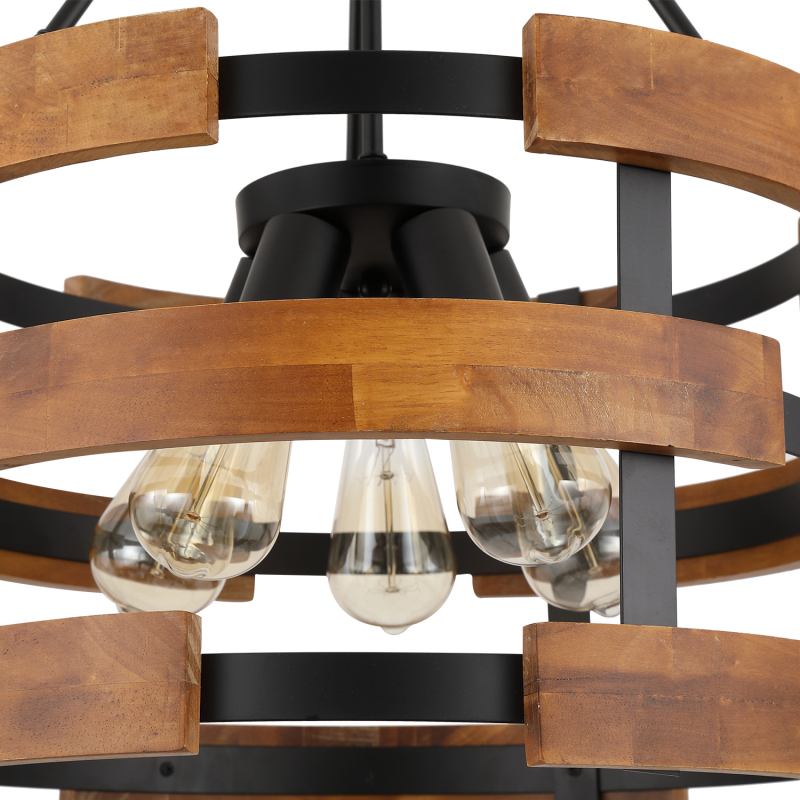 Anmytek 5-Light Round Rustic Chandelier Light Fixture, Farmhouse Hanging Pendant Lighting with 3-Tier Circular Metal Nature Wood Frame Drum Lights for Kitchen Island Entryway Dining Room