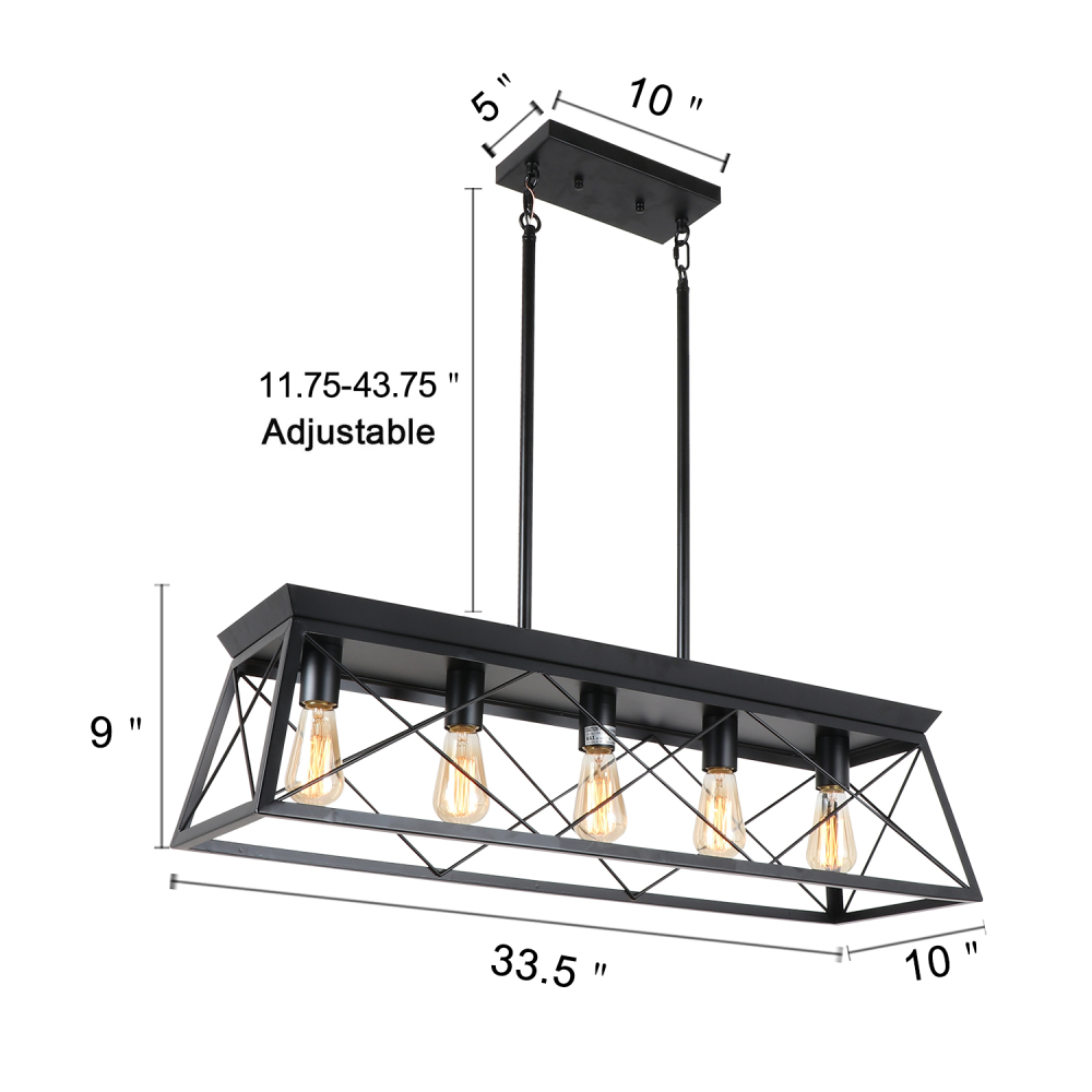 Anmytek 5-Light Farmhouse Pendant Lighting Fixture, Rustic Industrial Linear Chandelier with Trapezoid Shaped Metal Frame for Kitchen Island Dining Room C0109