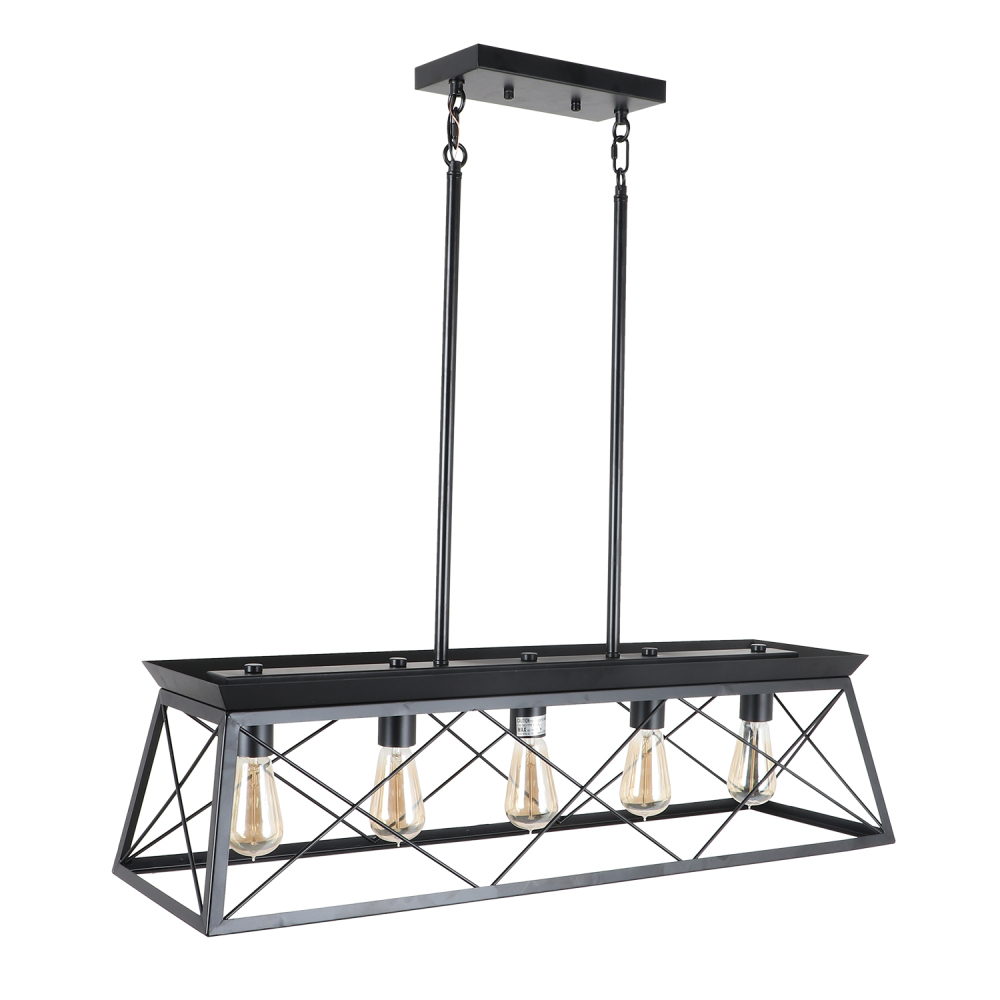 Anmytek 5-Light Farmhouse Pendant Lighting Fixture, Rustic Industrial Linear Chandelier with Trapezoid Shaped Metal Frame for Kitchen Island Dining Room C0109
