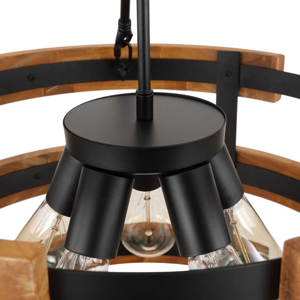 Anmytek 5-Light Round Rustic Chandelier Light Fixture, Farmhouse Hanging Pendant Lighting with 3-Tier Circular Metal Nature Wood Frame Drum Lights for Kitchen Island Entryway Dining Room