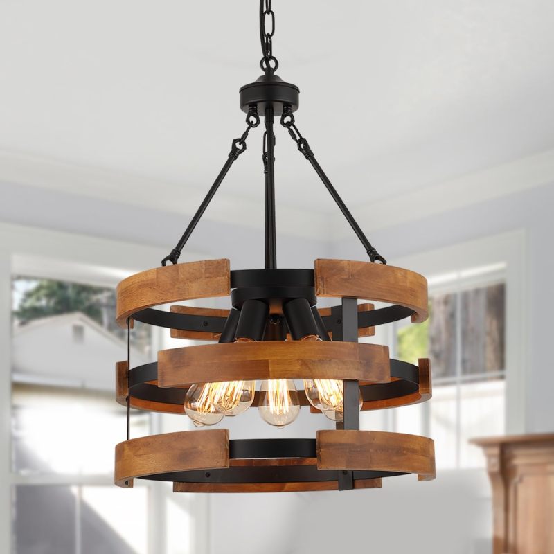 Anmytek 5-Light Round Rustic Chandelier Light Fixture, Farmhouse Hanging Pendant Lighting with 3-Tier Circular Metal Nature Wood Frame Drum Lights for Kitchen Island Entryway Dining Room