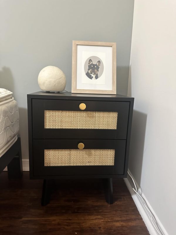 Anmytek Nightstand, Farmhouse Rattan Nightstand Wood Bedside Table with 2 Drawers Mid Century Modern Nightstand End Table for Bedroom Living Room Dorm