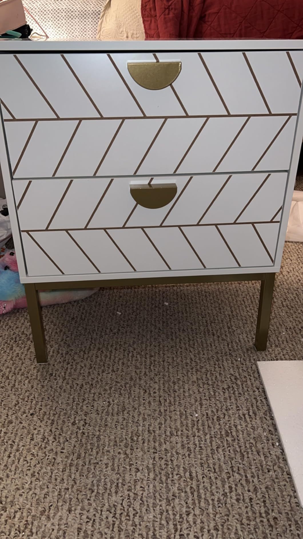 Anmytek Wood Nightstand with 2 Drawers, Modern Night Stand with Gold Metal Legs & Handles, Wood Bedside Table for Bedroom