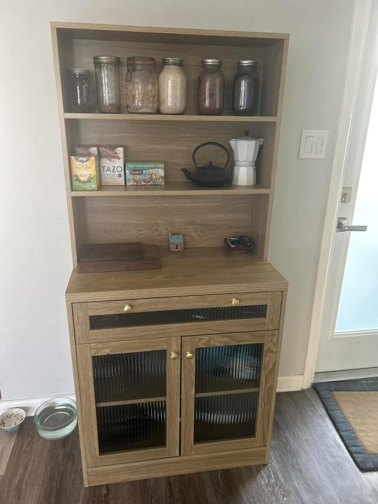Anmytek 62" H Tall Kitchen Pantry Buffet Storage Cabinet with Drawer,Bathroom Storage Cabinet with Shelves & Glass Doors,Freestanding Hutch Bookcase for Living Room,Home Office,Kitchen