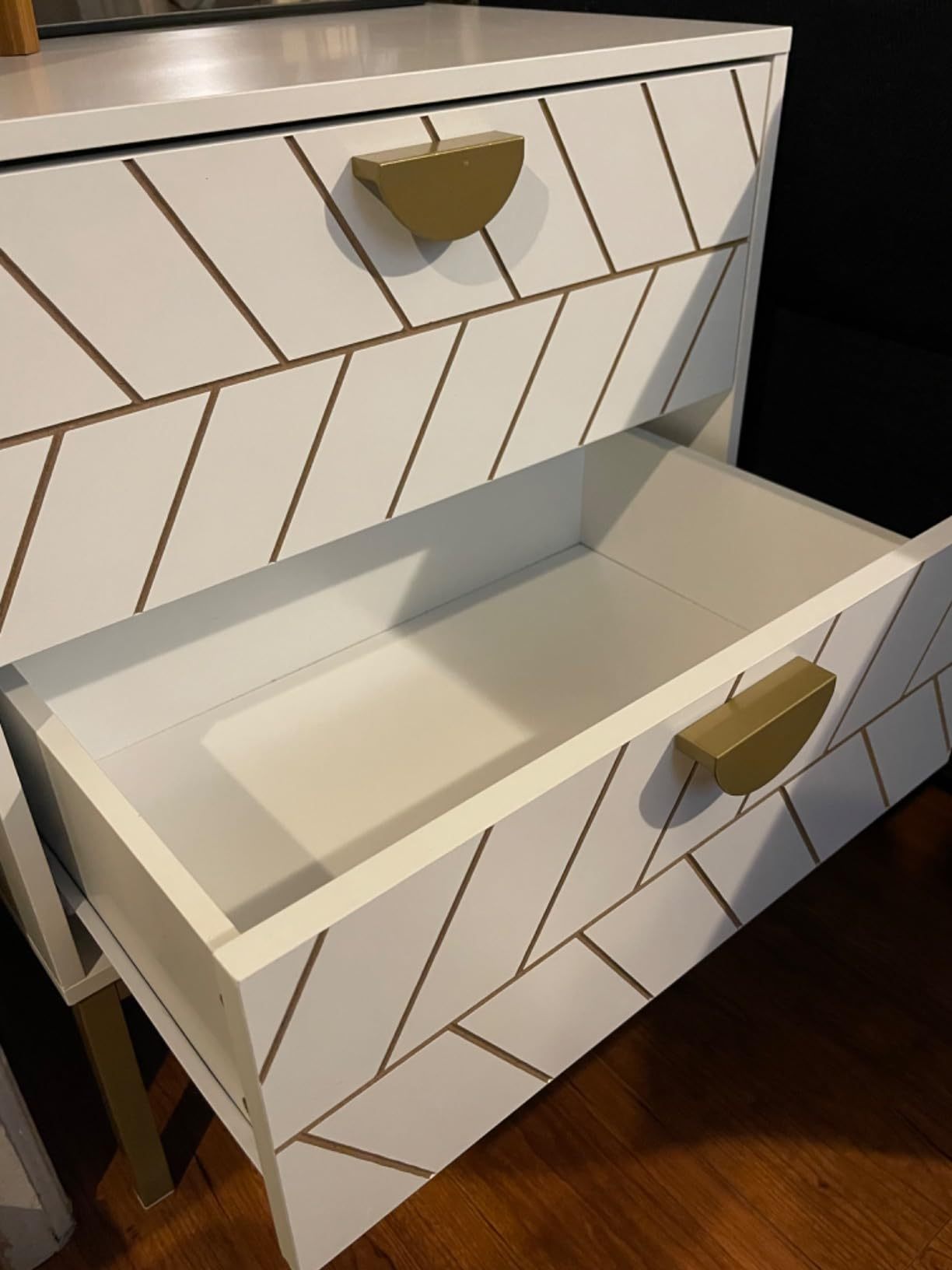Anmytek Wood Nightstand with 2 Drawers, Modern Night Stand with Gold Metal Legs & Handles, Wood Bedside Table for Bedroom