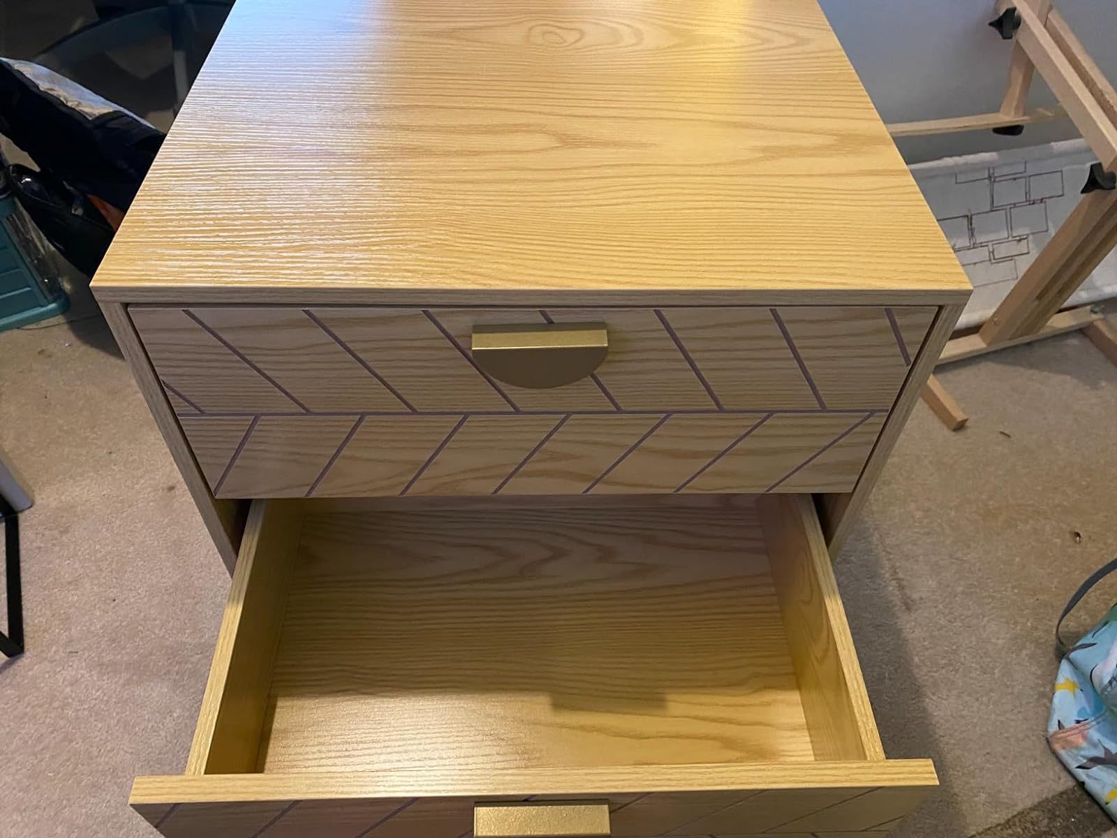 Anmytek Wood Nightstand with 2 Drawers, Modern Night Stand with Gold Metal Legs & Handles, Wood Bedside Table for Bedroom