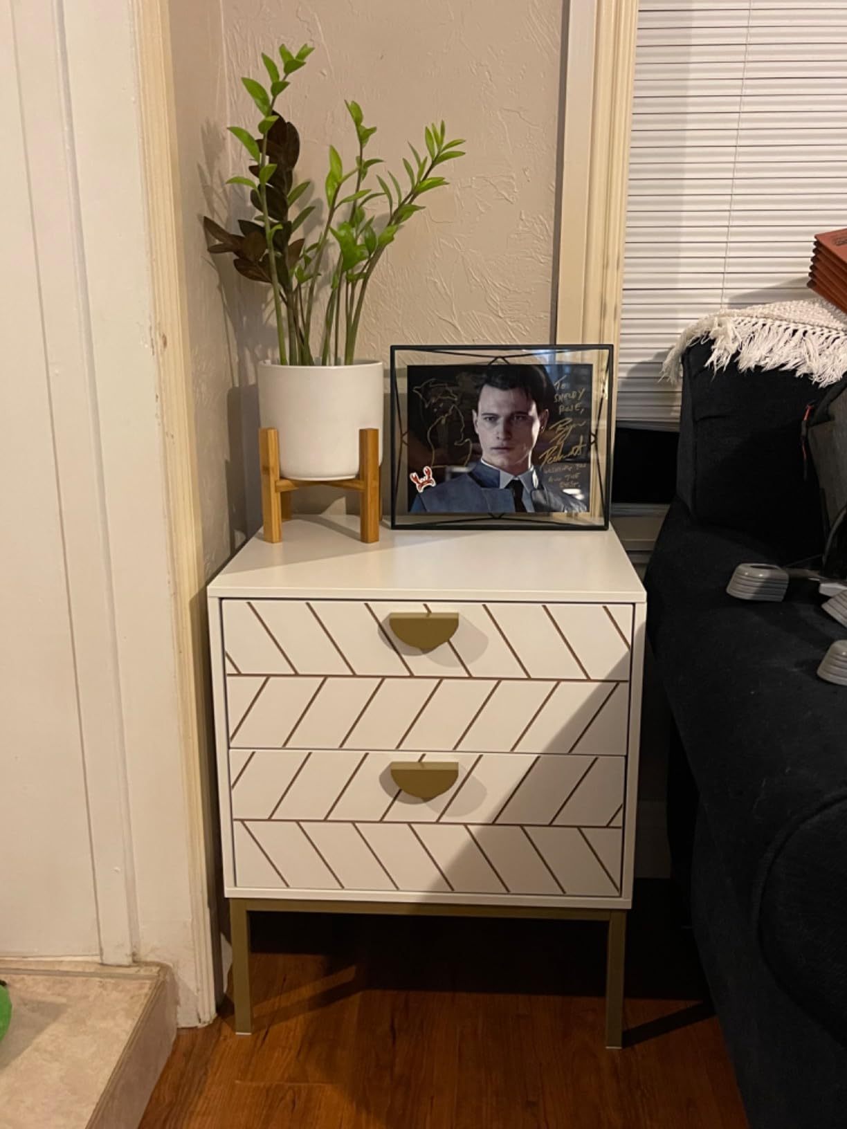 Anmytek Wood Nightstand with 2 Drawers, Modern Night Stand with Gold Metal Legs & Handles, Wood Bedside Table for Bedroom